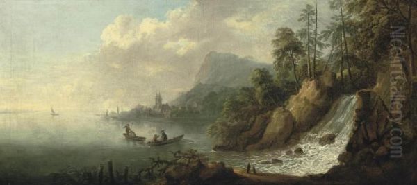 An Extensive River Landscape 
With Figures In Rowing Boats Near A Waterfall, A Town Beyond - view 1