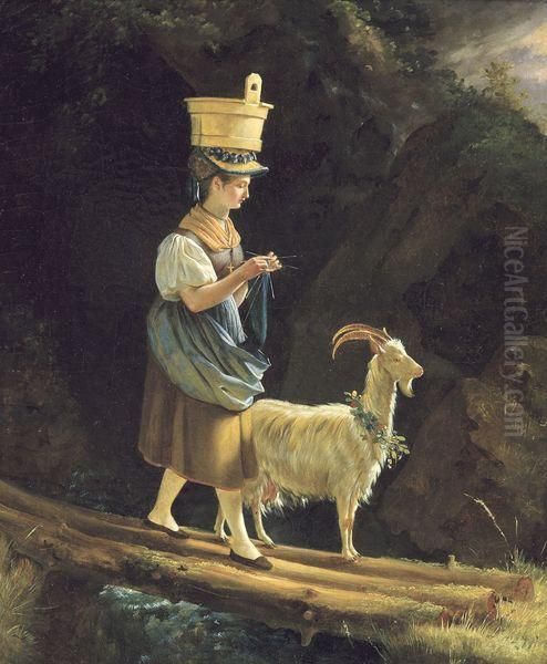 Jeune Fille Tricotant Avec Chevre - view 1