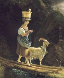 Jeune Fille Tricotant Avec Chevre