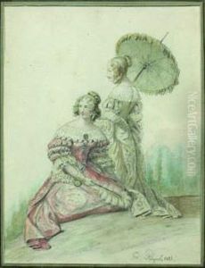 Deux Jeunes Femmes En Costume Du Xviie Siecle by Edouard Pingret