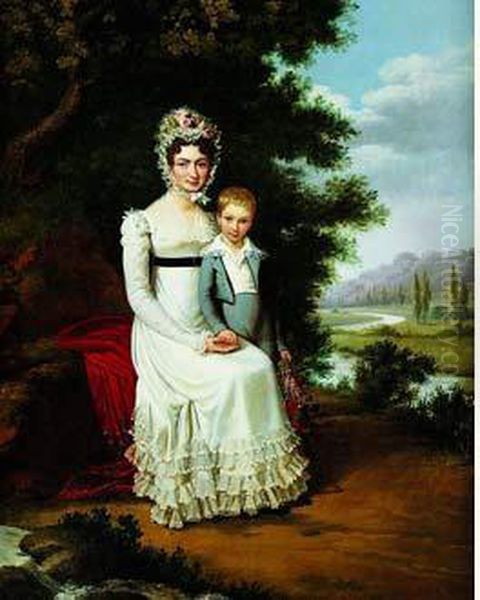 Portrait De Jeune Femme Avec Son Fils Sur Fond De Paysage - view 1