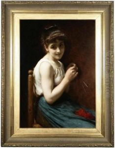 Portrait Of A Girl Knitting by Etienne Adolphe Piot