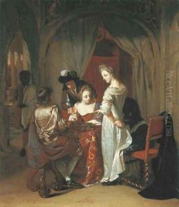 Elegant company playing tric-trac around a table in an interior