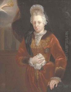 Portrait of a lady, standing three-quarter-length, in a red velvet dress with gold brocade, and a headdress, holding a kerchief by Thomas van der Wilt
