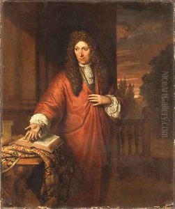 Portrait of a Gentleman, small three-quarter length, in a red robe, beside a draped table by Thomas van der Wilt