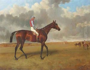 Miss Jummy, a bay racehorse with Jack Watts up, at Newmarket with other racehorses beyond by John Arnold Wheeler