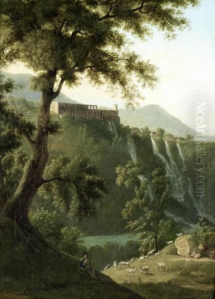 A Shepherd Grazing Cattle At Tivoli, With A View Of The Waterfalls In The Distance - view 1