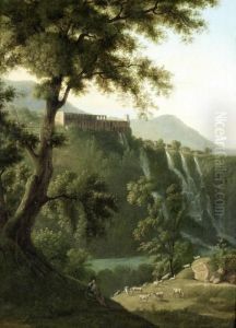 A Shepherd Grazing Cattle At Tivoli, With A View Of The Waterfalls In The Distance by Anthonie Sminck Pitloo