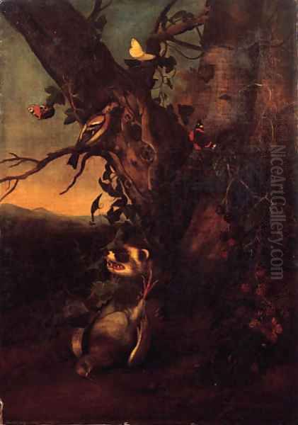 A marten with a dead dove and butterflies by the foot of a tree in a landscape - view 1