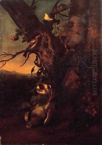A marten with a dead dove and butterflies by the foot of a tree in a landscape A marten with a dead dove and butterflies by the foot of a tree in a landscape