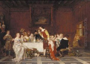 Elegant Figures Dining In An Interior by Antoine Emile Plassan