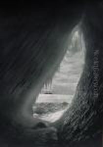 Grotto In An Iceberg With The Terra Nova In The Background by Herbert George Ponting