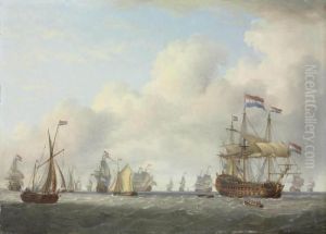 Dutch Men-o'-war And Other Vessels In A Fresh Breeze by Charles Martin Powell