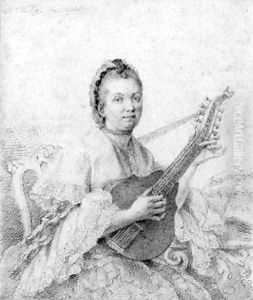 Portrait of a lady, three-quarter length, seated, playing a mandolin by Thomas Worlidge