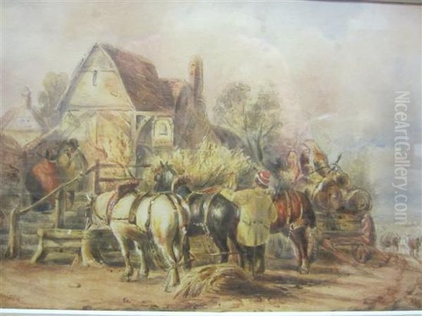 Heavy Horses Outside A Village Inn - view 1
