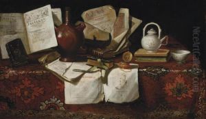 An Earthenware Jug, Books, A Silver Teapot And An Inkwell On A Draped Table by Pseudo Roestraten