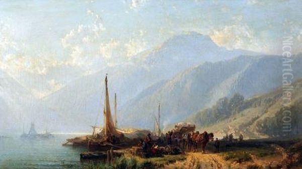 Figures Unloading Barges In An Alpine Landscape - view 1