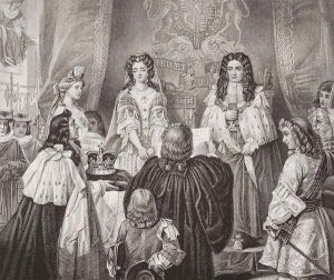 The crown offered to William and Mary by the Lords and Commons at Whitehall, February 12, 1689, from Illustrations of English and Scottish History Volume II by Edgar Melville Ward