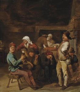 A Tavern Interior With Peasants Drinking And Smoking Beside A Fire by Pieter Jansz. Quast