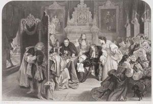 James II (1633-1701) receiving news of the landing of the Prince of Orange, engraved by F.A. Heath