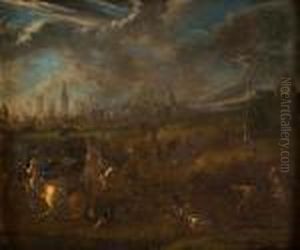 Veduta Cittadina Con Battaglia Tra Cavalieri Cristiani