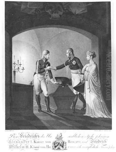 Near the ashes of Friederick II the Great of Prussia (1712-86), Tsar Alexander I (1777-1825) and King Friedrich Wilhelm III of Prussia (1770-1840) swearing immortal friendship, at Potsdam in the night of 4th to 5th November 1805, 1807 - view 1