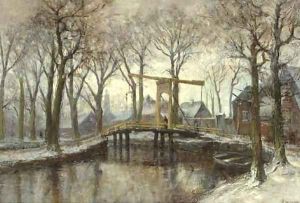 Figures on a drawbridge in winter by a village