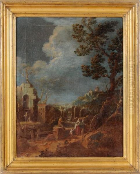 Paesaggio Fantasioso Con Ruderi E Figure In Sosta - view 1