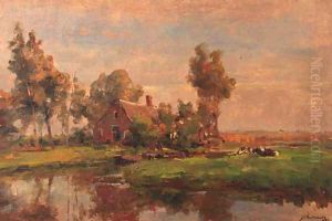 A sunlit farmyard along a canal