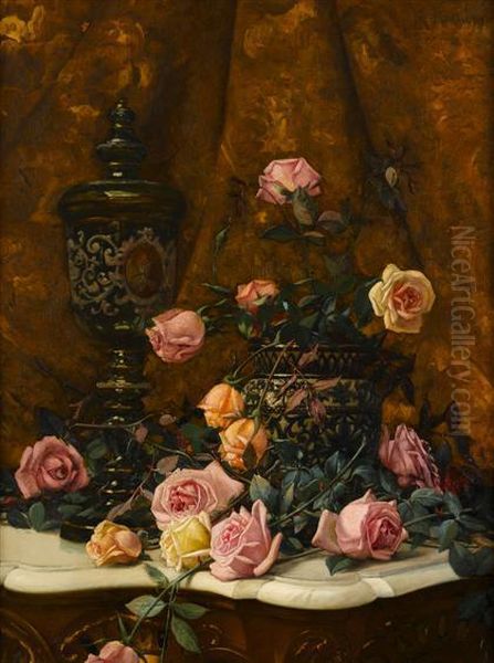 Still Life With Roses And Covered Urn On A Marble Top Table - view 1