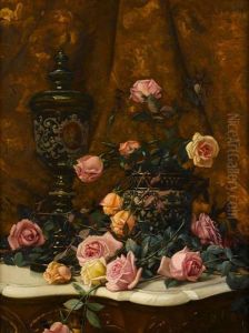 Still Life With Roses And Covered Urn On A Marble Top Table