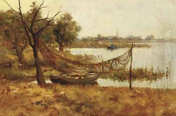 Fishing nets drying in a polder landscape - view 1