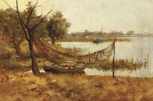 Fishing nets drying in a polder landscape by Jan Hillebrand Wijsmuller