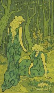 Deux Jeunes Filles Devant La Tete D'orphee Or Femmes Dans La Foretor Symphonie De Verts