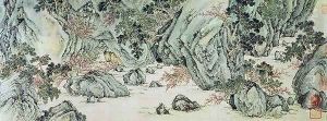 The Journey to the Land of the Immortals detail of 'The Peach Blossom Spring' from a poem entitled Tao Yuan Bi Jing by Wang Wei by Zhengming Wen