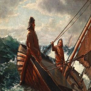 Seascape With Two Fishermen In A Boat In Big Waves