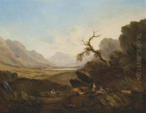 An Extensive River Landscape With Figures Resting, Cattle And Sheep, Mountains Beyond