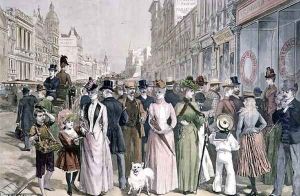 The Block in Collins Street, Melbourne, from a sketch by Melton Prior (1845-1910), engraved by P. Naumann for the Illustrated London News, 4th January 1890 by Wilson, Thomas Walter
