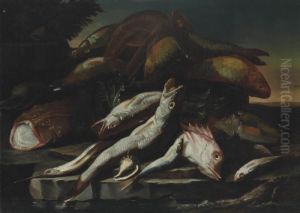A Monk Fish, A Garfish, Parrotfish And Other Fish On A Rocky Shore by Giuseppe Recco