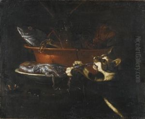 A Still Life With Seafood In A Copper Pan, A Cat Pinching A Squid From A Plate