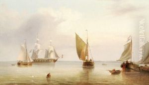 Vessels Off The Coast In Calm Waters by Henry Redmore