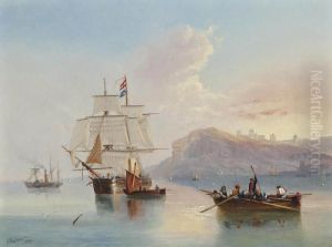 A Trading Schooner In A Calm Off Whitby With A Paddle Steamer Off Her Starboard Beam
