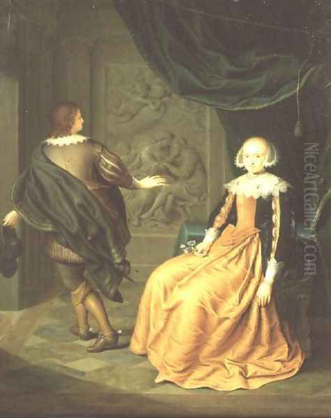 A Lady in an Orange Dress with Cavalier taking his Leave - view 1