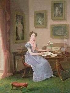 Self portrait of the artist painting at her desk by I.J. Willis