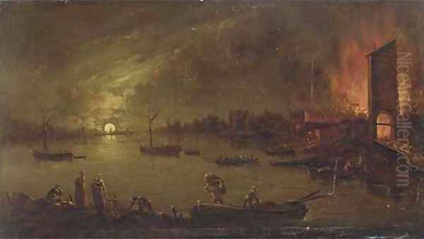 A moonlit riverside town on fire - view 1