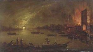 A moonlit riverside town on fire