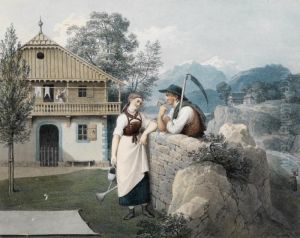 Girl With Watering Can And Farmer With Scythe By A Gabled House by Friedrich Philipp Reinhold