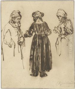 Figure Studies Of A Bearded Man And Two Women by Harmenszoon van Rijn Rembrandt