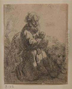St. Jerome Kneeling In Prayer (b102) by Harmenszoon van Rijn Rembrandt