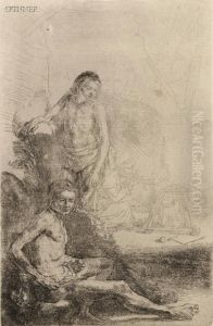 Nude Man Seated Before A Curtain by Harmenszoon van Rijn Rembrandt